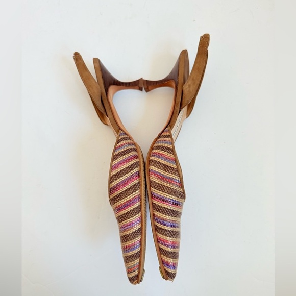 Manolo Blahnik Brown Suede leather multicolor stripe Raffia Carolyne pumps 40.5 - Picture 4 of 8
